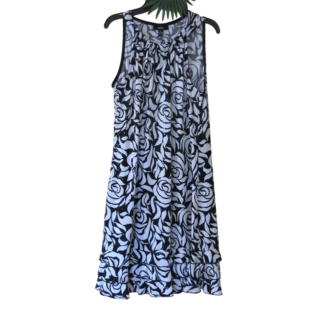 MSK Swing Dress Sleeveless Size 8 Floral Ruffle Black White Business Casual